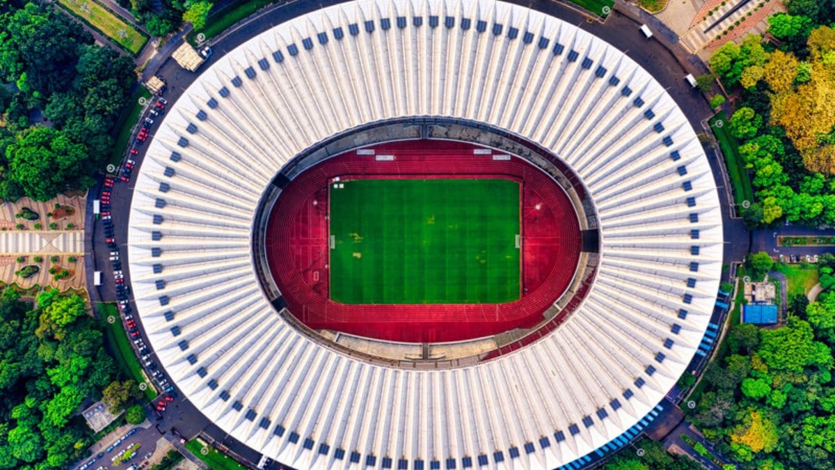 Aerial view of a football stadium ready for the FIFA World Cup 2026