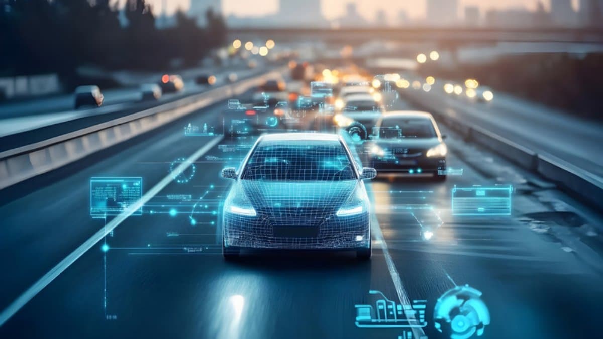Digital wireframe of an autonomous vehicle navigating a smart highway