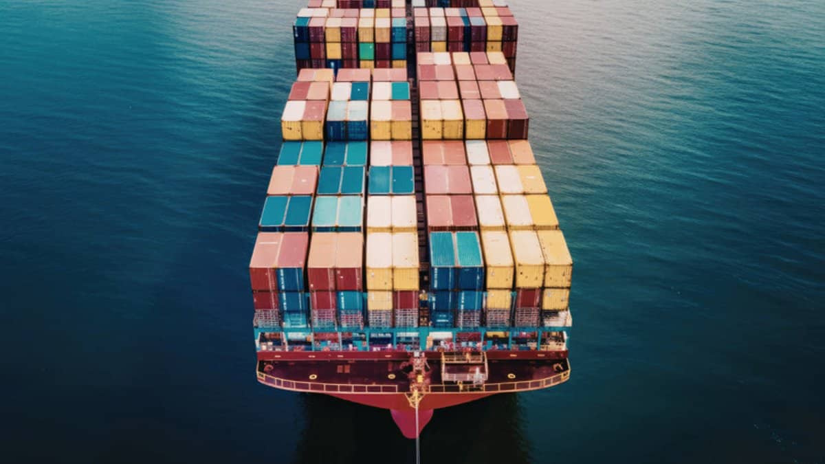 Colourful shipping containers stacked on a cargo vessel at port