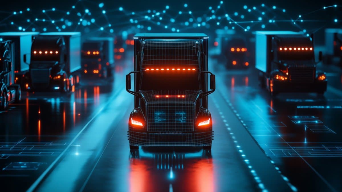 Futuristic neon-lit autonomous truck convoy on a digital highway