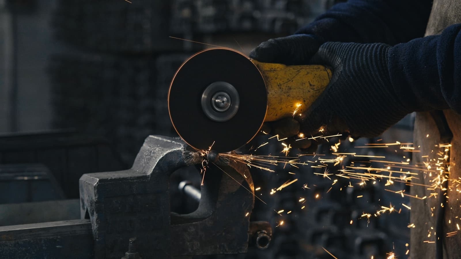 An angle grinder throwing sparks during metal cutting work